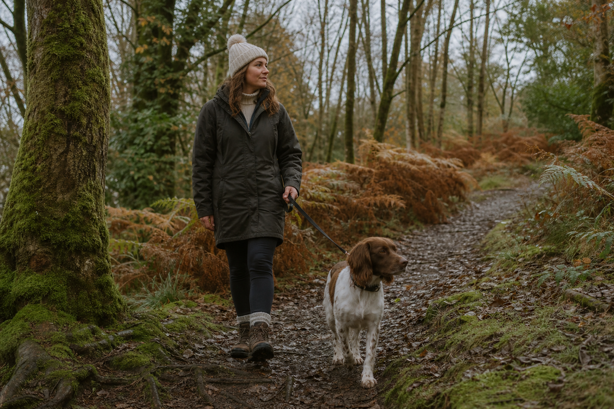 Owner and dog walking calmly through British woodland