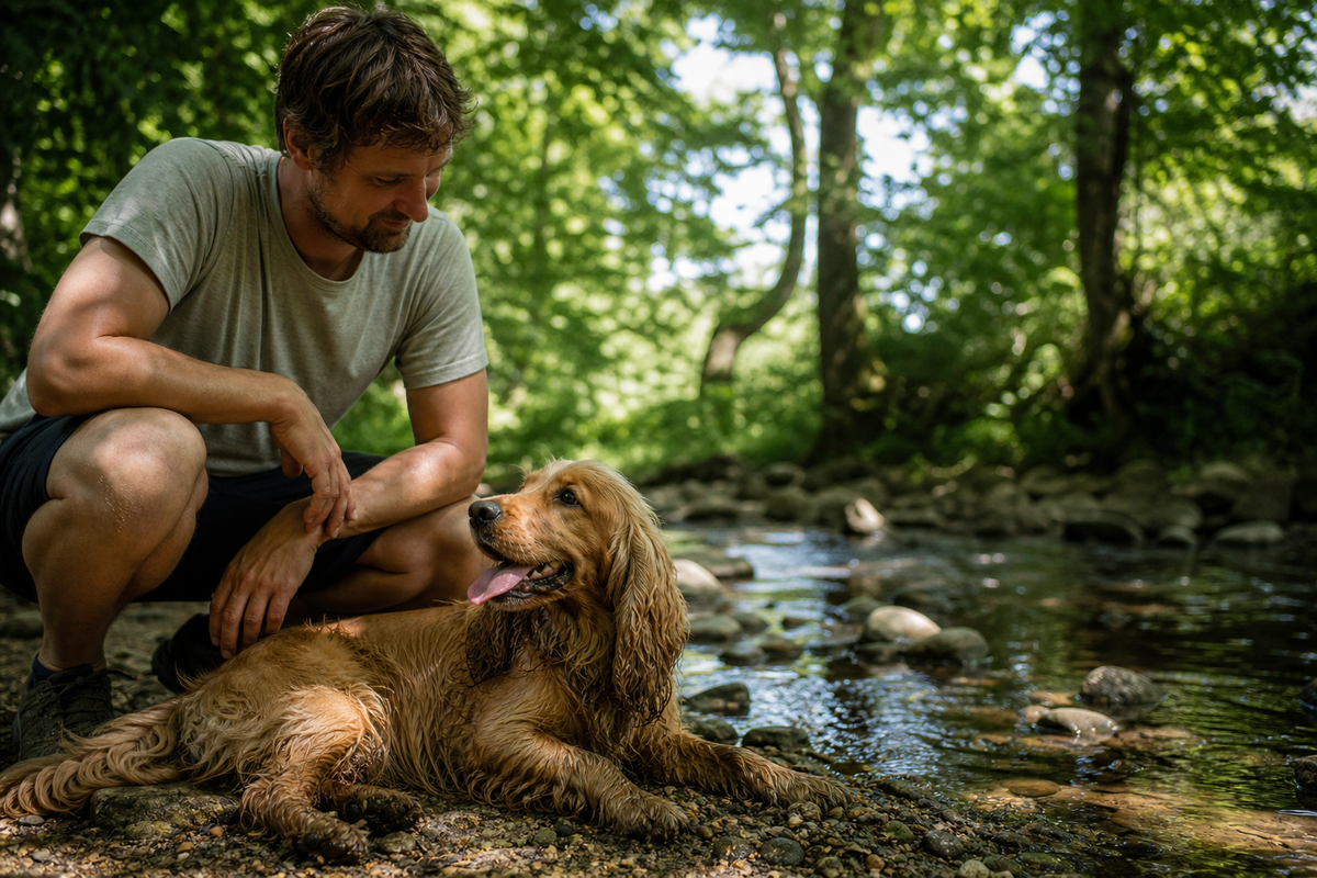 Dog resting in shade beside a woodland stream during a summer walk