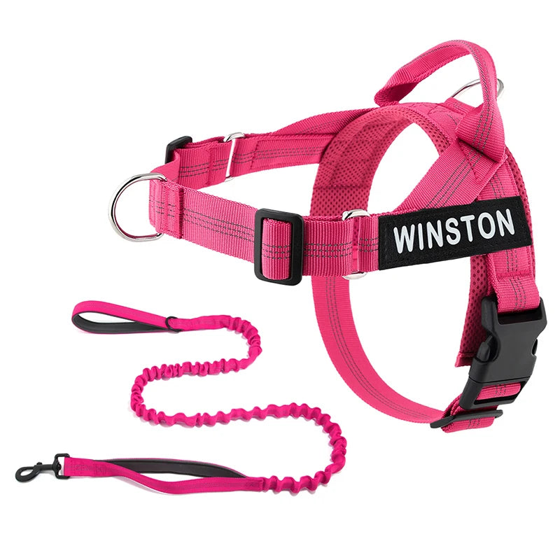 Personalised Reflective Dog Harness with Grab Handle & Lead Set - Rose