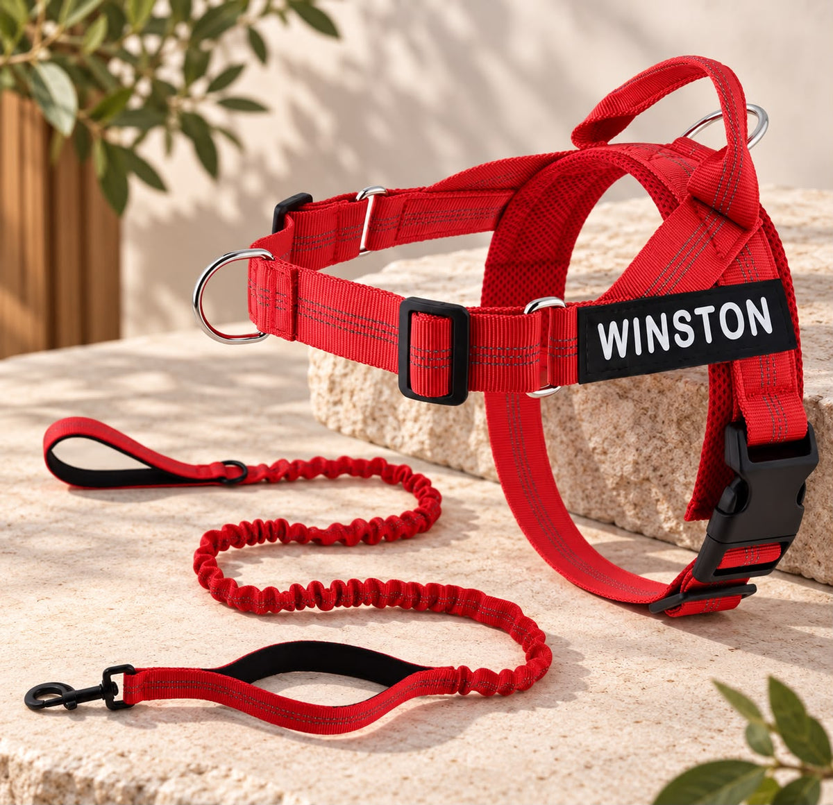 Personalised Reflective Dog Harness with Grab Handle & Lead Set - Wine