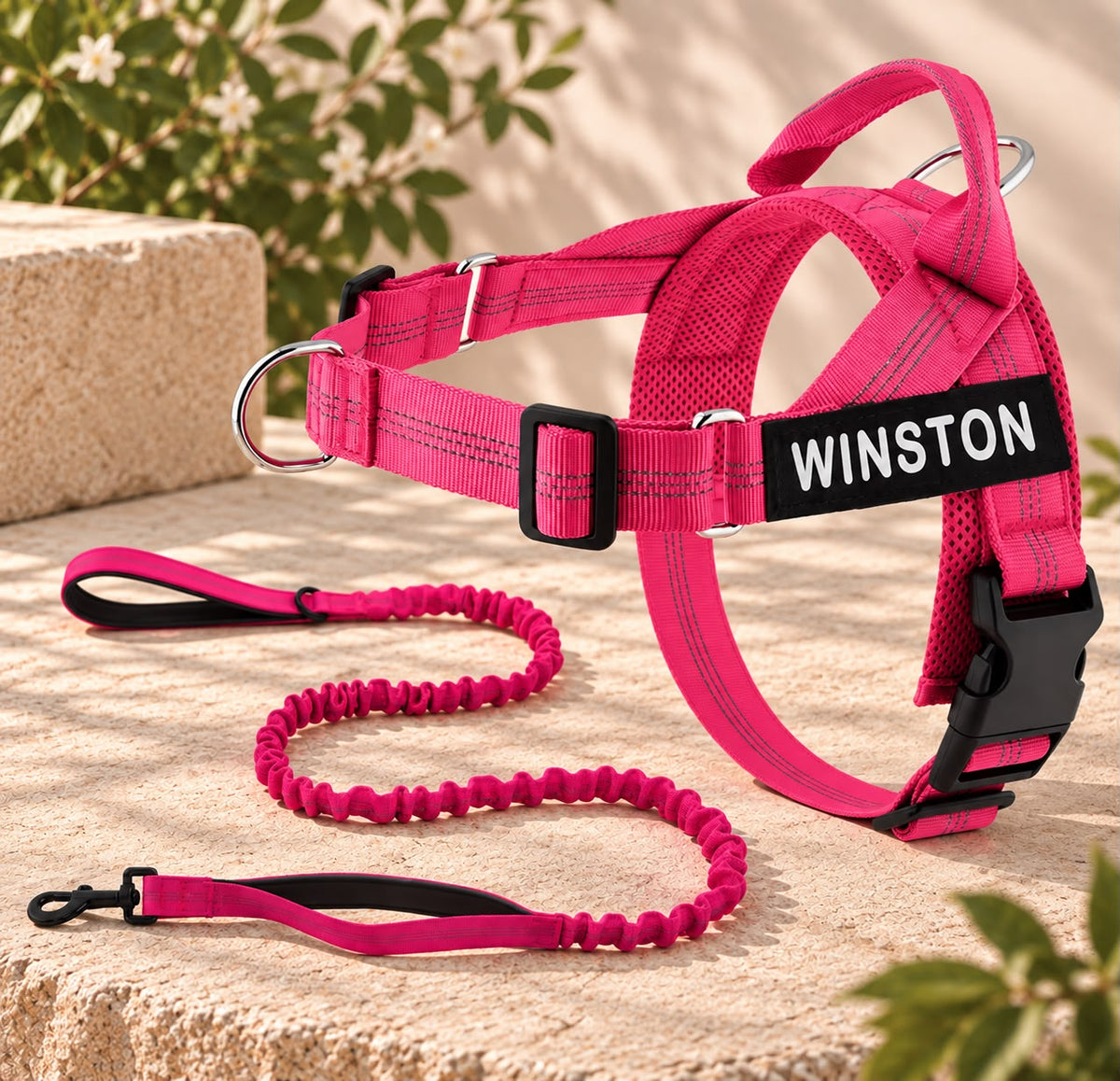 Personalised Reflective Dog Harness with Grab Handle & Lead Set - Rose