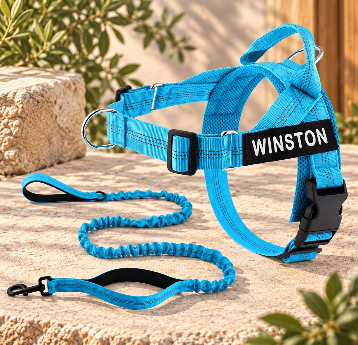 Personalised Reflective Dog Harness with Grab Handle & Lead Set - Ocean