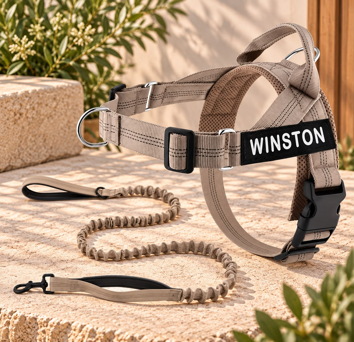 Personalised Reflective Dog Harness with Grab Handle & Lead Set - Taupe