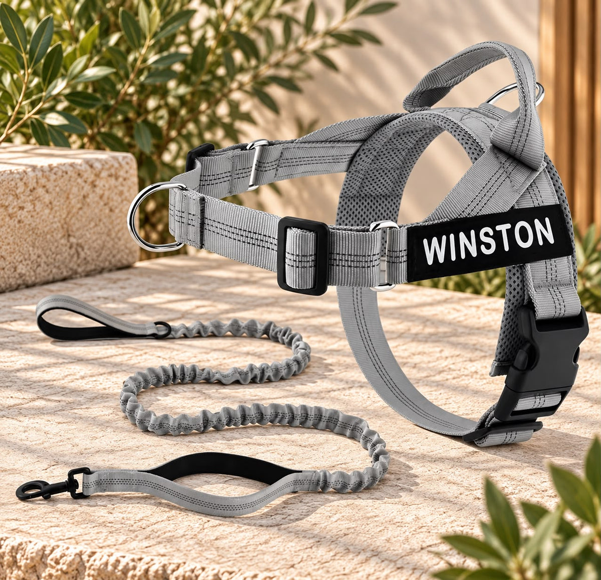 Personalised Reflective Dog Harness with Grab Handle & Lead Set - Graphite