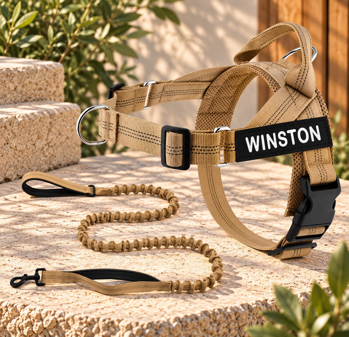 Personalised Reflective Dog Harness with Grab Handle & Lead Set - Chocolate