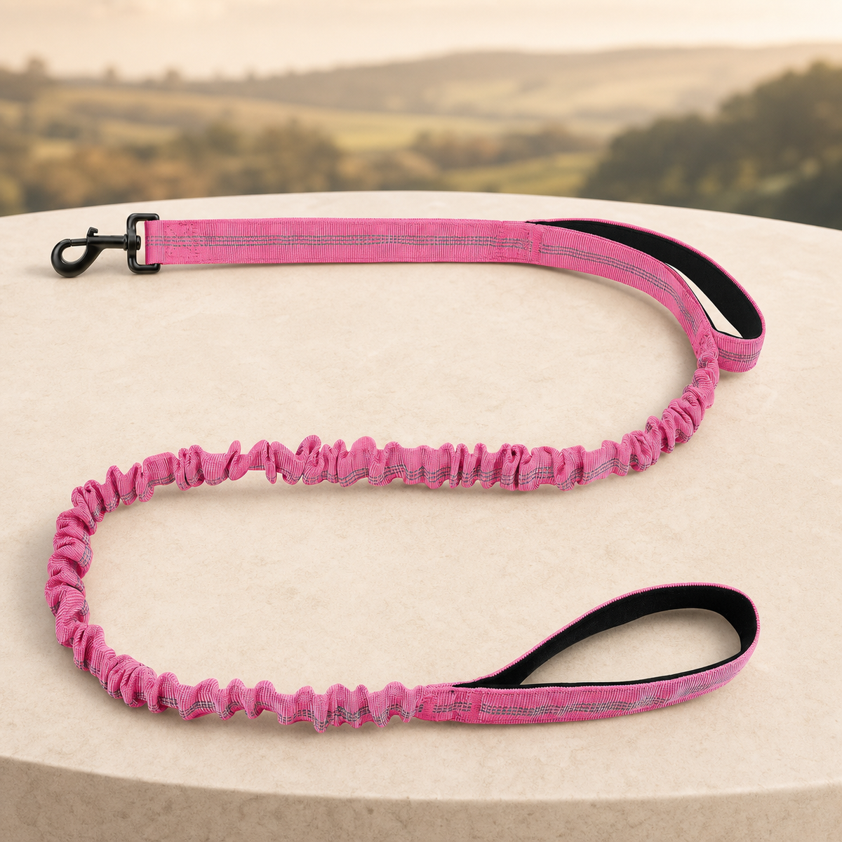 Shock-absorbing bungee dog lead in rose red on a warm stone setting