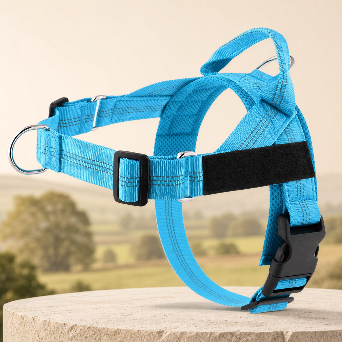 Adjustable reflective dog harness in blue on a warm stone setting