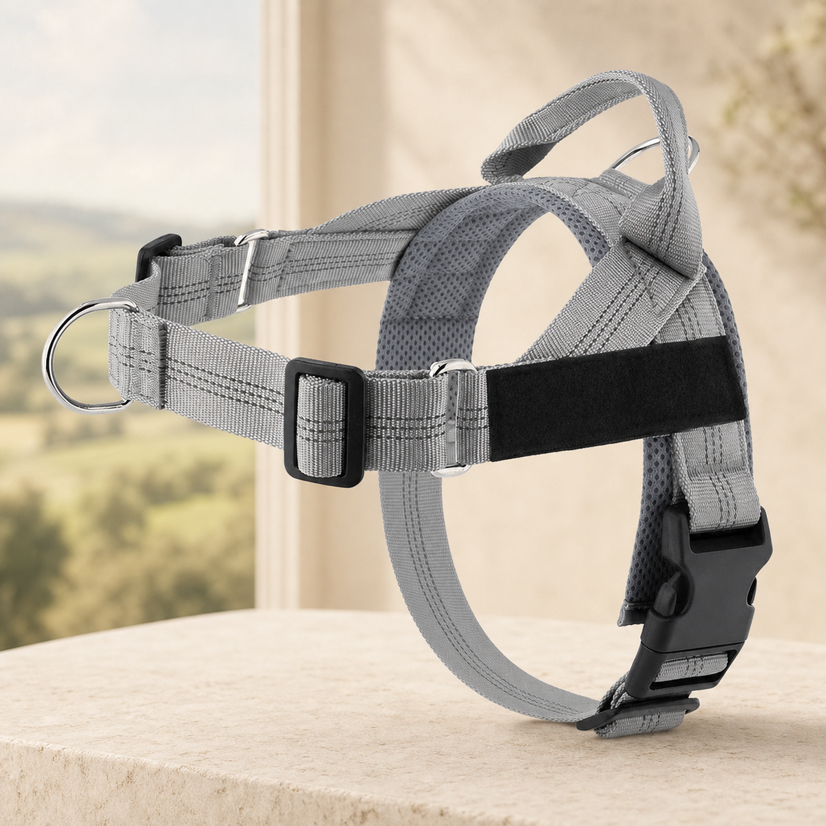 Adjustable reflective dog harness in grey on a warm stone setting