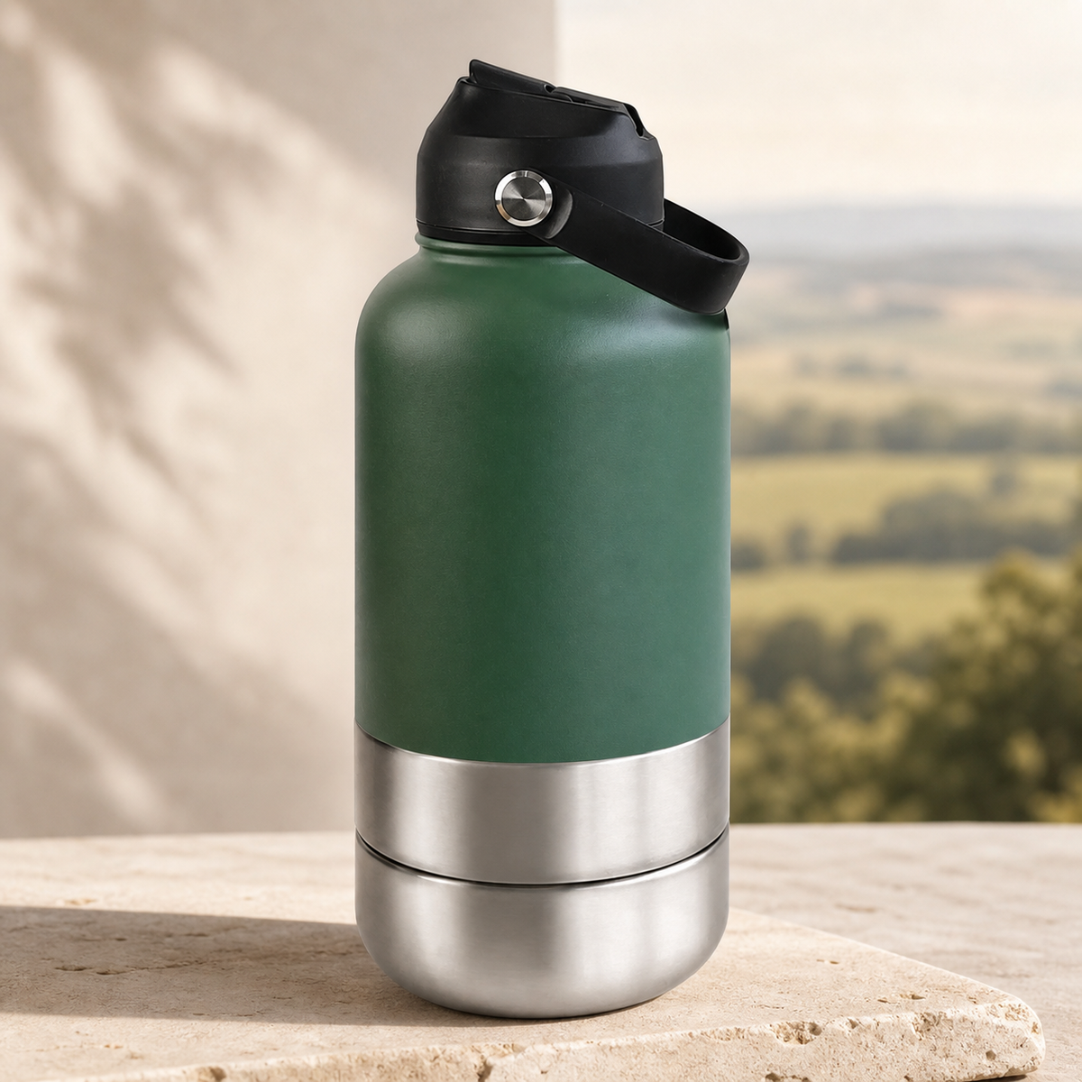 3-in-1 insulated dog travel water bottle in army green on a warm stone setting