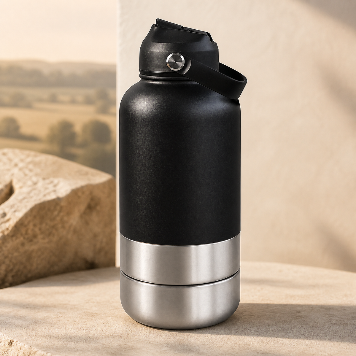 3-in-1 insulated dog travel water bottle in black on a warm stone setting