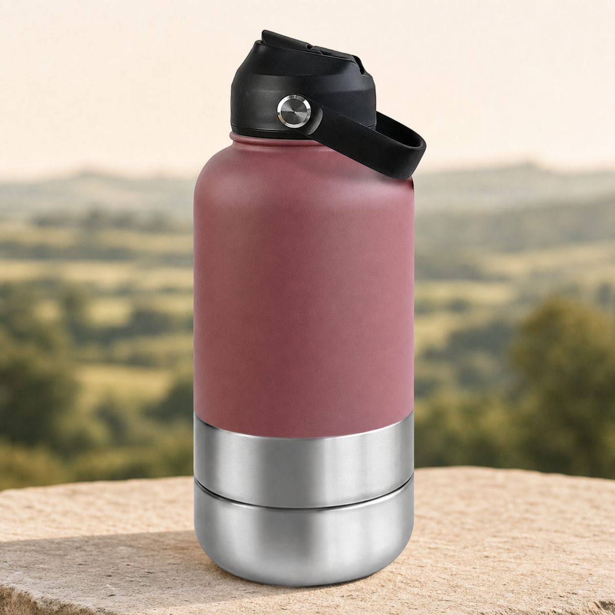 3-in-1 insulated dog travel water bottle in burgundy on a warm stone setting