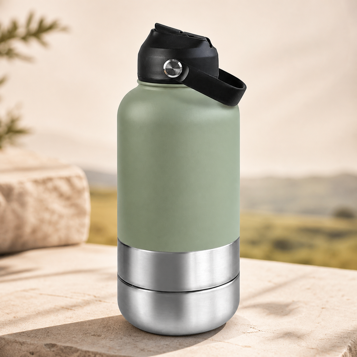 3-in-1 insulated dog travel water bottle in green on a warm stone setting