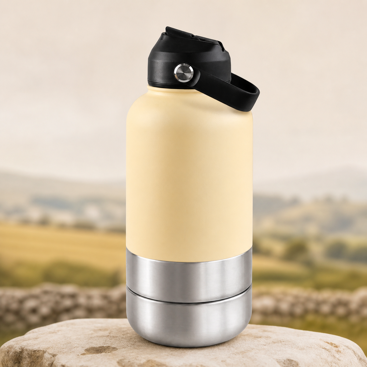 3-in-1 insulated dog travel water bottle in yellow on a warm stone setting