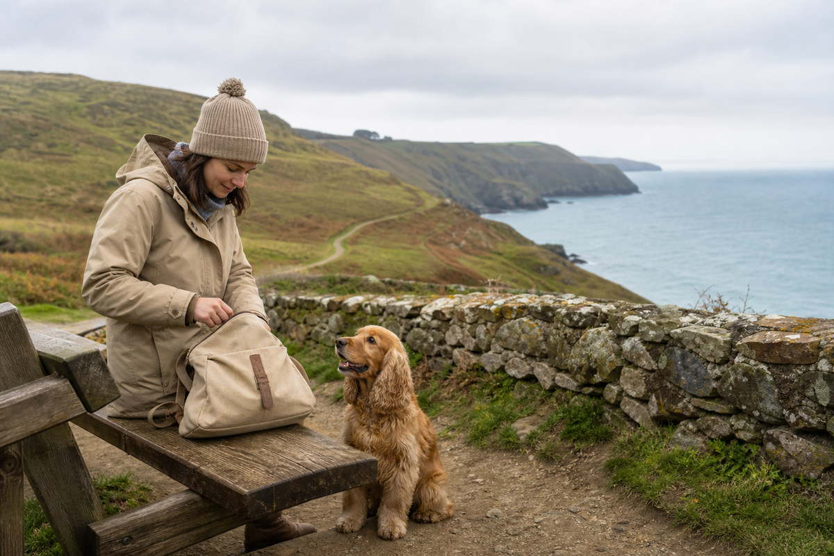 Owner preparing a day bag with a dog on a British coastal walk