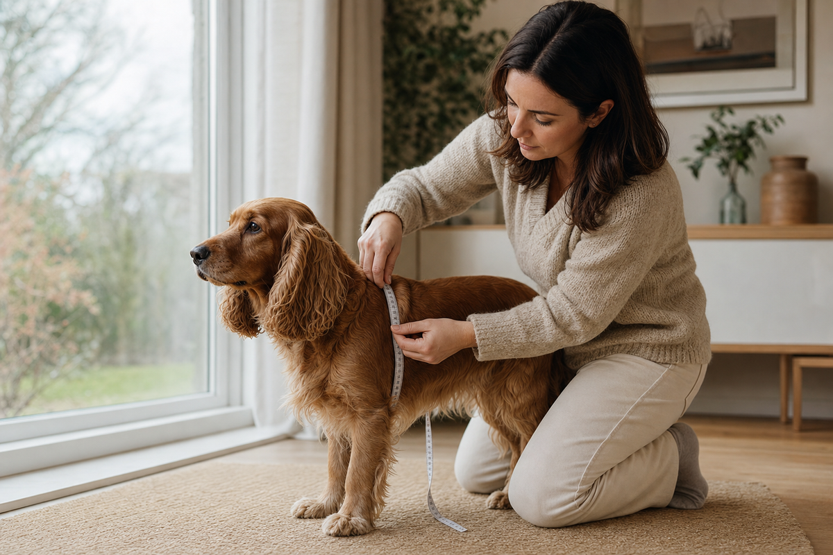 Owner measuring a cocker spaniel's chest for a dog harness