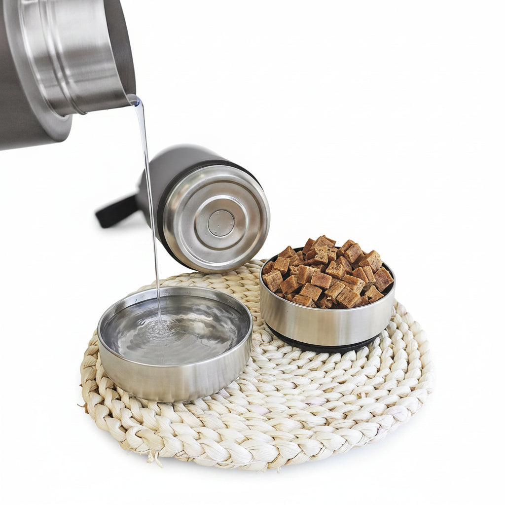 3-in-1 insulated dog travel water bottle with two detachable bowls
