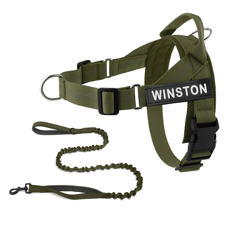 Personalised Reflective Dog Harness with Grab Handle & Lead Set - Olive