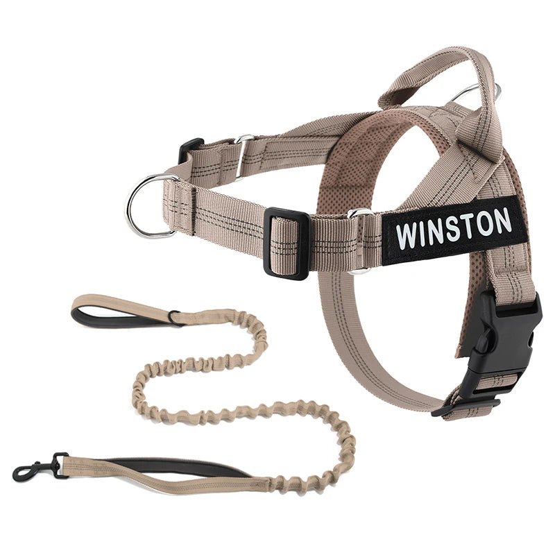 Personalised Reflective Dog Harness with Grab Handle & Lead Set - Taupe