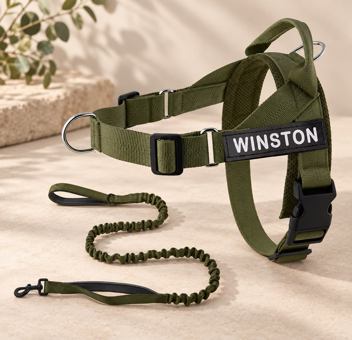 Personalised Reflective Dog Harness with Grab Handle & Lead Set - Olive