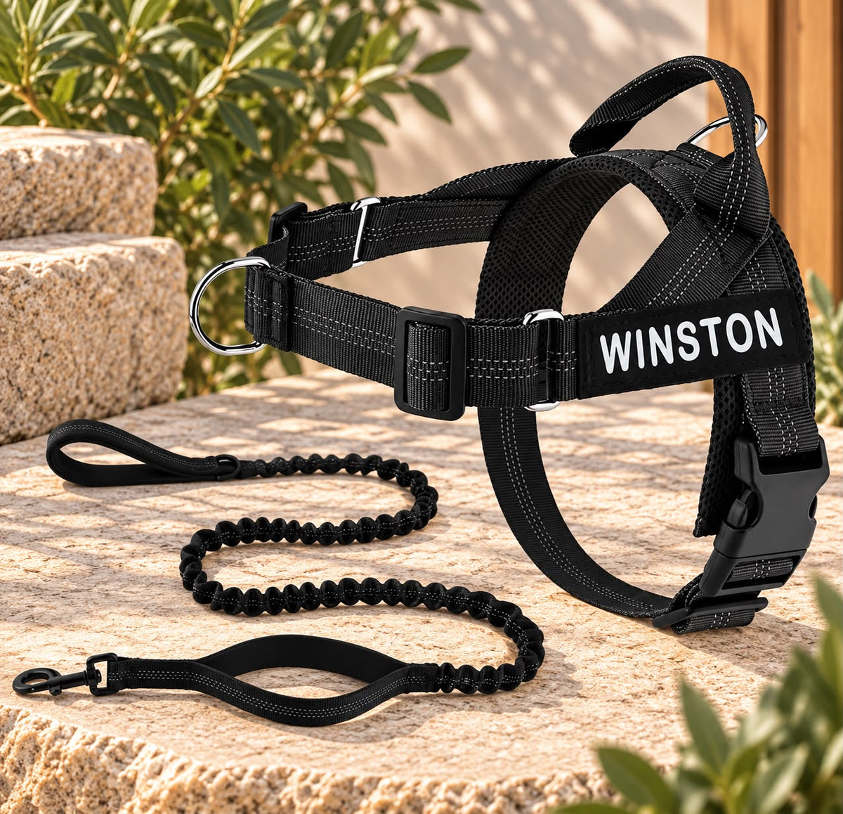 Personalised Reflective Dog Harness with Grab Handle & Lead Set - Black