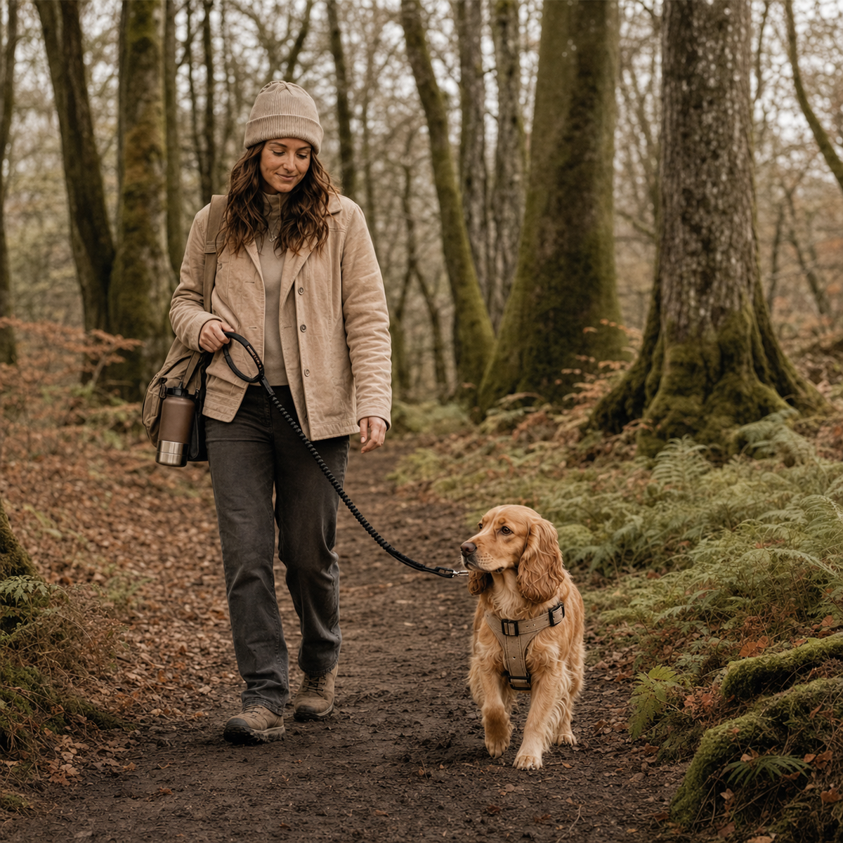 Dog wearing a travel harness during a countryside outing