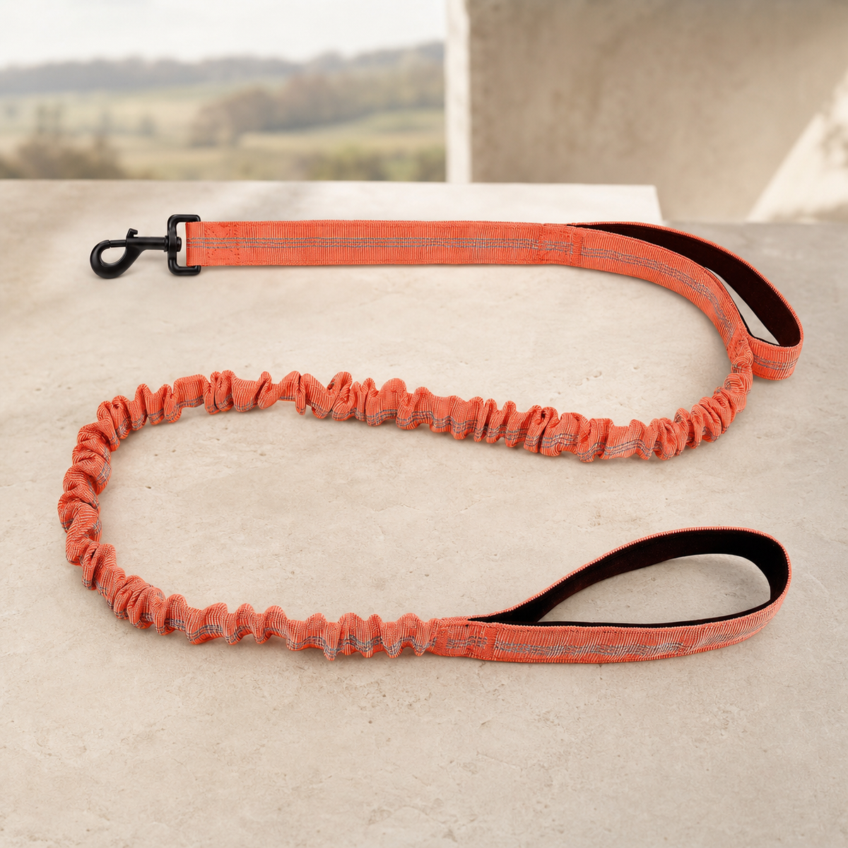 Shock-absorbing bungee dog lead in orange on a warm stone setting