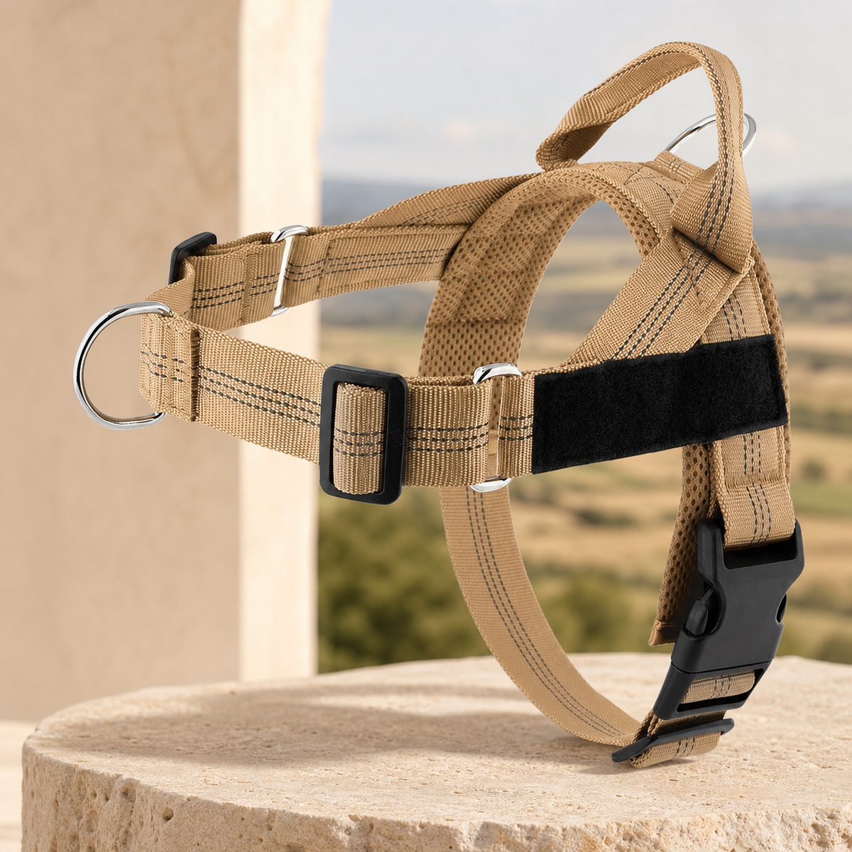 Adjustable reflective dog harness in brown on a warm stone setting