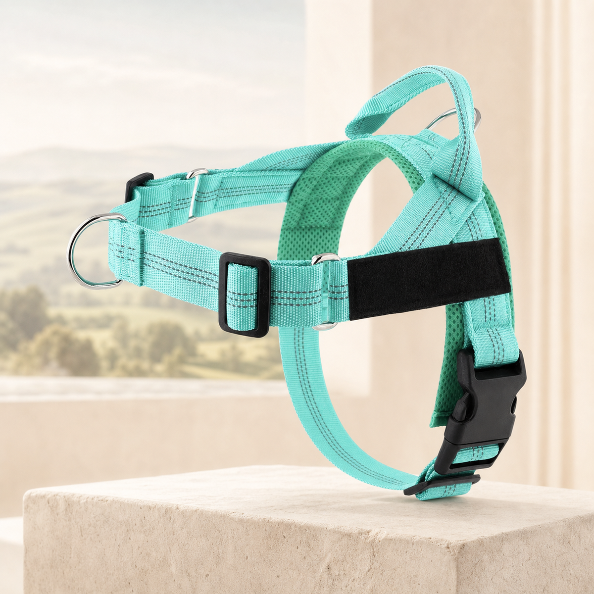 Adjustable reflective dog harness in green on a warm stone setting