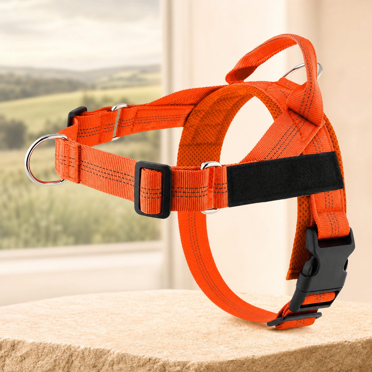Adjustable reflective dog harness in orange on a warm stone setting