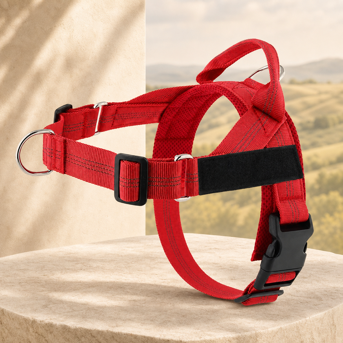 Adjustable reflective dog harness in red on a warm stone setting