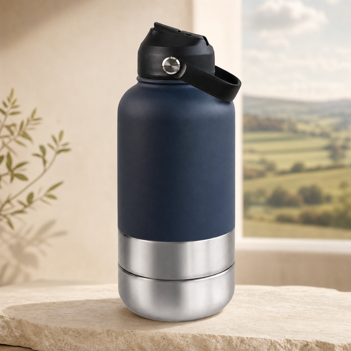 3-in-1 insulated dog travel water bottle in blue on a warm stone setting