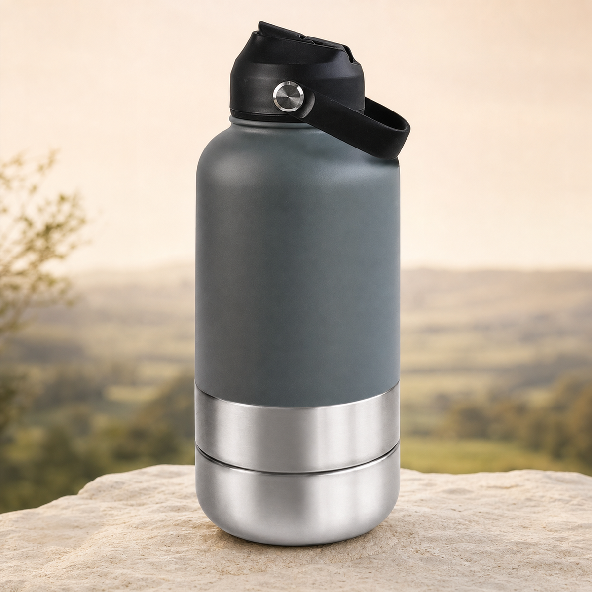 3-in-1 insulated dog travel water bottle in grey on a warm stone setting