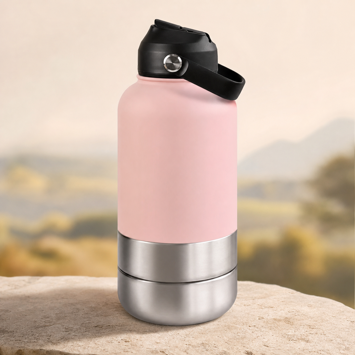 3-in-1 insulated dog travel water bottle in pink on a warm stone setting