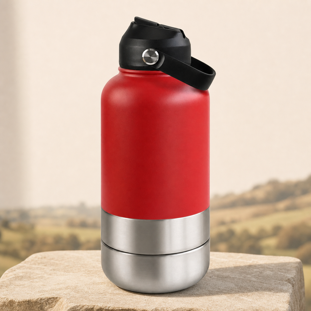 3-in-1 insulated dog travel water bottle in red on a warm stone setting
