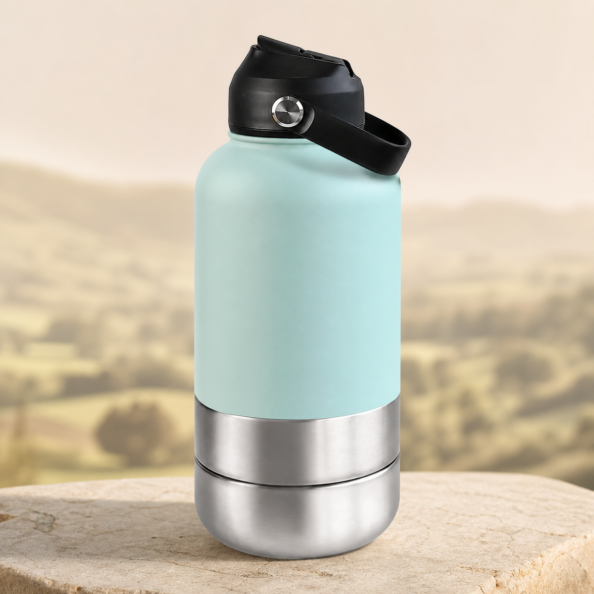3-in-1 insulated dog travel water bottle in sky blue on a warm stone setting