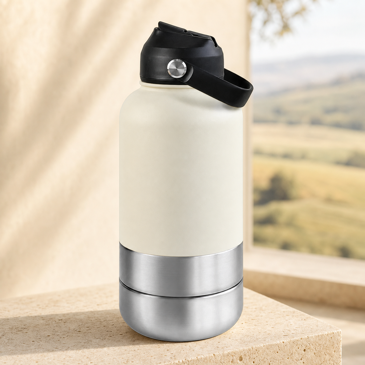 3-in-1 insulated dog travel water bottle in white on a warm stone setting